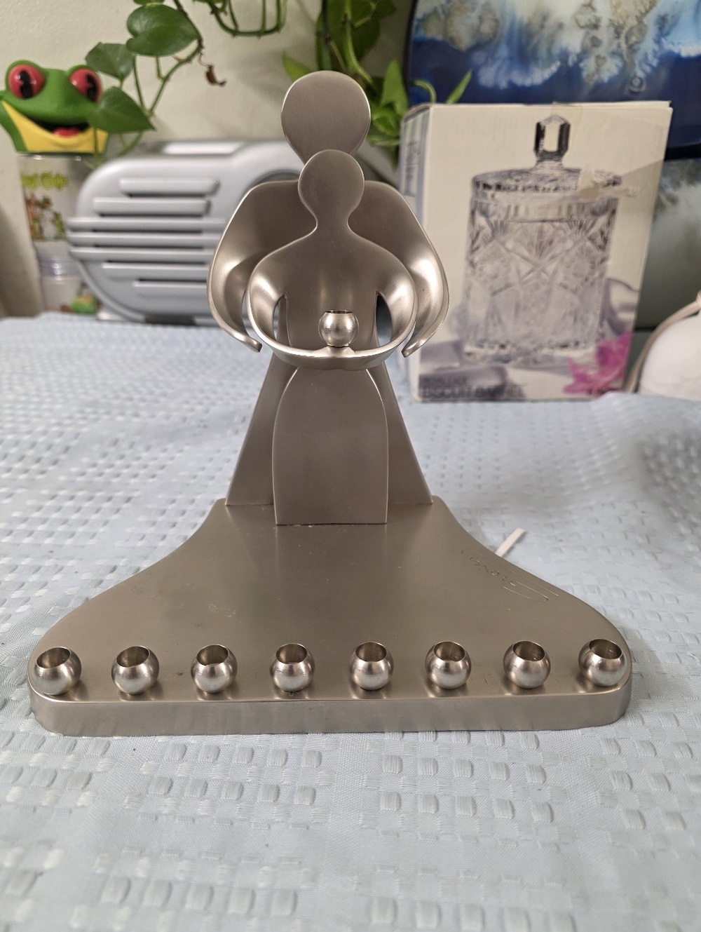 "OUR LOVE" Brushed Pewter Menorah by Giora Novak signed 9 candle 7.5" high